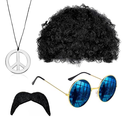 Hippie Kostüm Set, 60er 70er Perücke Disco Hippie Kostüm, Mode Afro Perücke, Sonnenbrille, Friedenszeichen Halskette, Schnurrbart, 4 Stück Hippie Kostüm, Männer & Frauen Fasching von Forhome