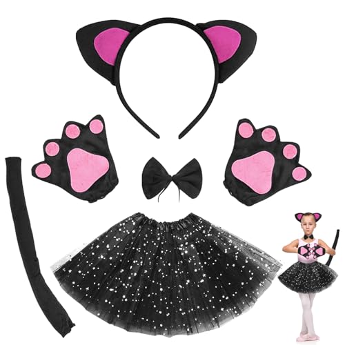 Katze Tierkleid Cosplay Set, Kostümset Katze Mädchen, Katzenohren Stirnband, Kätzchen Schwanz Ohren, Kragen Pfoten Handschuhe für Fasching Karneval Motto Party von Forhome