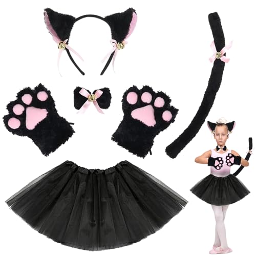 Kostümset Katze Mädchen, Katze Tierkleid Cosplay Set, Katzenohren Stirnband, Kätzchen Schwanz Ohren, Kragen Pfoten Handschuhe für Fasching Karneval Motto Party von Forhome