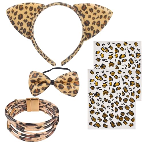 Leoparden Kostüm Set, Tier Leopard Stirnband Fliege, Leopard Gesichts Kunst Aufkleber, Leopardenohren Haarreif, Leopard Armbänder, Tierkleid Cosplay Set für Kinder Party Dekoration von Forhome