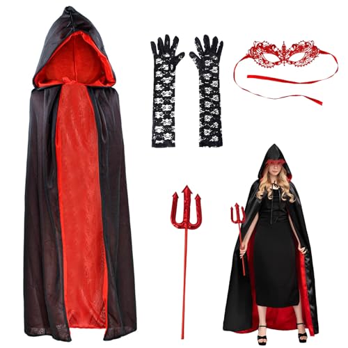 Teufel Kostüm Damen, Halloween Kostüm Damen, Vampir Umhang, Kapuzenumhang Schwarz Rot Doppelseitig mit Teufelsgabel Teufel kostüm Accessorie, Karneval Fasching Halloween Mottoparty cosplay kostüm Teufel Kostüm Damen, Halloween Kostüm Damen, Vampir Umhang, Kapuzenumhang Schwarz Rot Doppelseitig mit Teufelsgabel Teufel kostüm Accessorie, Karneval Fasching Halloween Mottoparty cosplay kostüm von Forhome