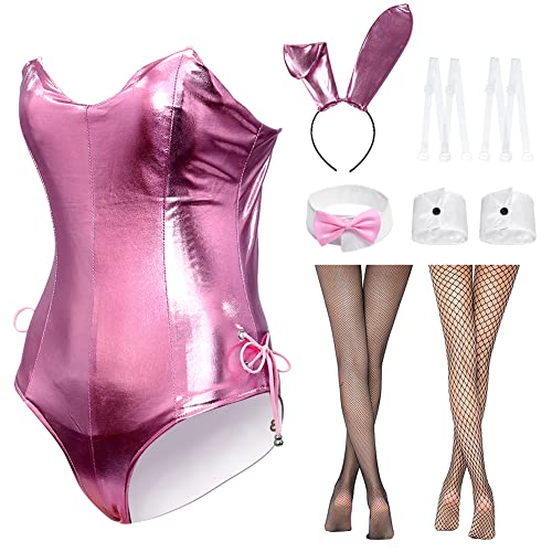 Damen Bunny Girl Senpai Cosplay Kostüm Outfit Anime Rolle Cosplay Einteiler Body mit Hasenohren Strümpfe Set (groß, rosa) von Formemory