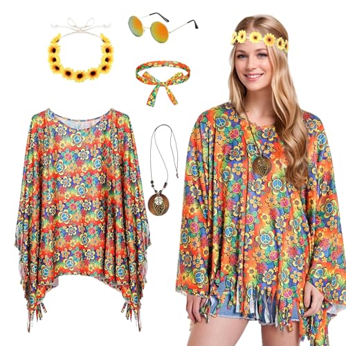 Formemory Hippie Kostüm Damen,60er 70er Jahre Outfit Damen Hippie Kleidung Damen Hippie Poncho Damen mit Hippie Accessoires Disco Outfit Karneval Fasching Kostüm Damen (Gelb) von Formemory