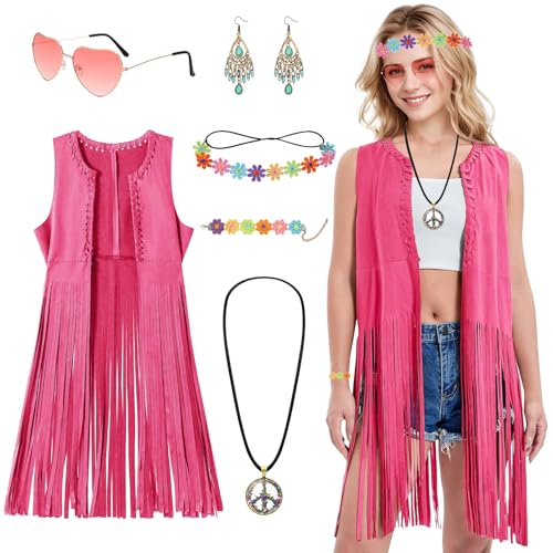 Formemory Hippie Kostüm Damen Hippie Weste Damen Karneval Fransenweste 70er Jahre Outfit Damen Disco Cosplay mit Hippie Accessoires Halsketten Ohrringe Kopfring Armband Brillen,Karneval Kostüm Damen von Formemory