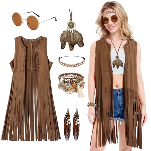 Formemory Hippie Kostüm Damen Hippie Weste Damen Karneval Fransenweste 70er Jahre Outfit Damen Disco Cosplay mit Hippie Accessoires Halsketten Ohrringe Kopfring Armband Brillen,Karneval Kostüm Damen von Formemory