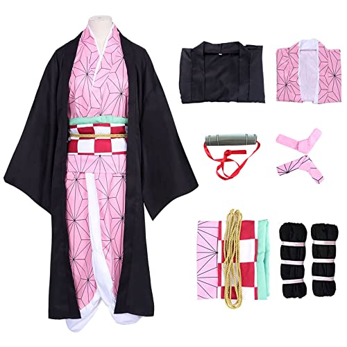 Formemory Nezuko Cosplay Kostüm Anzug Herren 8PCS Nezuko Kimetsu no Yaiba Kimono Halloween Anime kostüm Damen Herren Mädchen Und Mantel (L) von Formemory