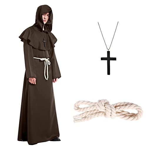 Formemory Priester Kostüm Herren Cosplay,Hooded Mönch Kostüm mit Ornament Taillenseil Halloween Cosplay (Braun, XXL) von Formemory