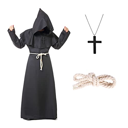 Formemory Priester Kostüm Herren Cosplay,Hooded Mönch Kostüm mit Ornament Taillenseil Halloween Cosplay (Schwarz, L) von Formemory