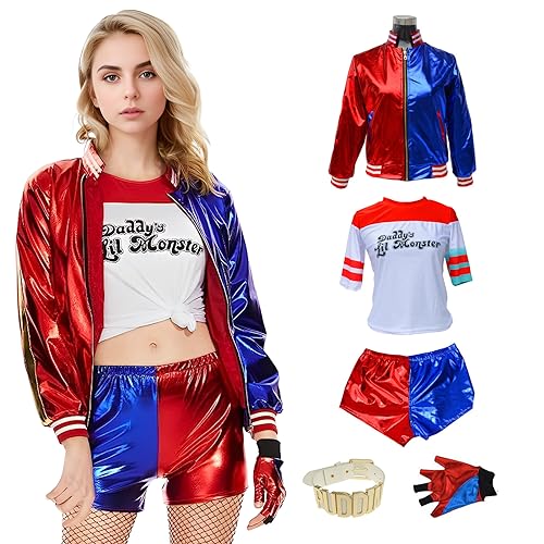 Formemory Quinn Kostüm Damen Kinder,Halloween Karneval Kostüm Damen Kinder Mädchen mit Handschuhe Jacke T-Shirt Shorts für Halloween Karneval Kostüm (Erwachsen, XXL) von Formemory