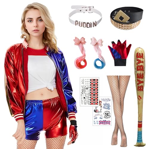 Formemory Quinn Kostüm Damen,Halloween Karneval Kostüm Faschingskostüme Damen mit Handschuhe Jacke T-Shirt Shorts Netzstrümpfe für Halloween Karneval Kostüm Damen (Damen(10-teiliges Set), M) von Formemory