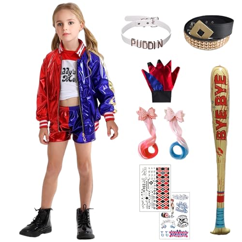 Formemory Quinn Kostüm Damen,Halloween Karneval Kostüm Faschingskostüme Damen mit Handschuhe Jacke T-Shirt Shorts Netzstrümpfe für Halloween Karneval Kostüm Damen (Kinder(9-teiliges Set), 120) von Formemory