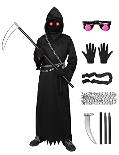 Formemory Sensenmann Halloween Kostüm Kinder Herren 7 Pcs Halloween Kostüm Kinder Jungen mit Brille Sense Kette Gürtel für Halloween Cosplay (Erwachsener(160cm-175cm), Schwarz) von Formemory