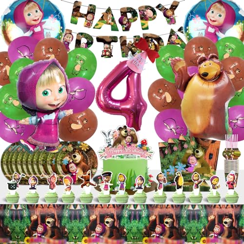 101 PCS Mascha Geburtstag Deko, Mascha Ballon Geburtstag, Mascha Party set, Mascha Geburtstag, Kindergeburtstag Besteck set Cartoon, Mascha Deko, Kindergeburtstag Besteck Deko, 4 Jahre von Forninc