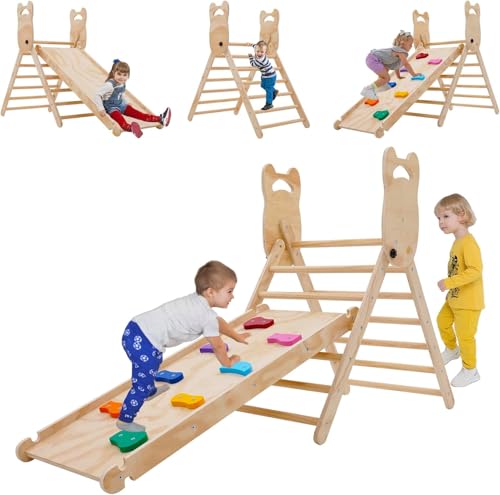 3-in-1-Kletterrahmen-Set für Kleinkinder, faltbare Kletterleiter aus Holz und Schieberampe, für drinnen und draußen, Montessori-Spielstudio, dreieckiges Klettergerüst für Kleinkinder, Kletterspielzeug von Forroby