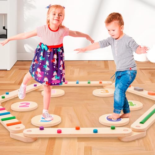 Forroby Holz Kleinkinder Schwebebalken mit 6 Balanciersteine frei kombinierbar,Montessori Spielzeug für Drinnen und Draußen,Holz-Balance-Board für Kinder für Koordination und Stabilität ab 3-7 Jahren von Forroby