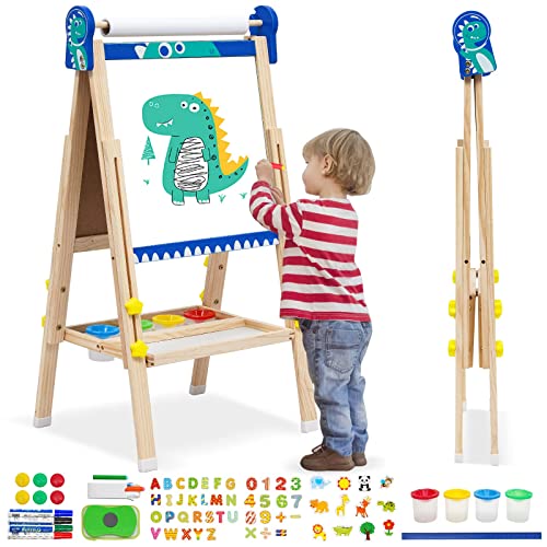 Kinder Spiel-Tafel aus Holz| Faltbare Doppelseitige Kunststaffelei für Whiteboard und Kreidetafel|höhenverstellbar mit Papierrolle, Kreidetafel, Whiteboard, Stift, Reichhaltige Accessoires von Forroby