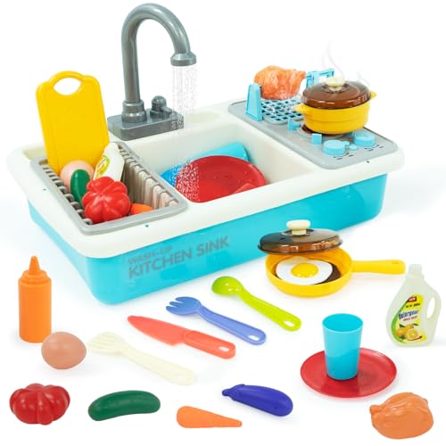 Küchenspüle Spielzeug,Küchenspüle Spielzeug Set mit Wasserkreislauf und Grillfunktion, Spülbecken für Kinder mit Geschirrkorb und Essensspielzeug, für Kinder ab 3 Jahren von Forroby