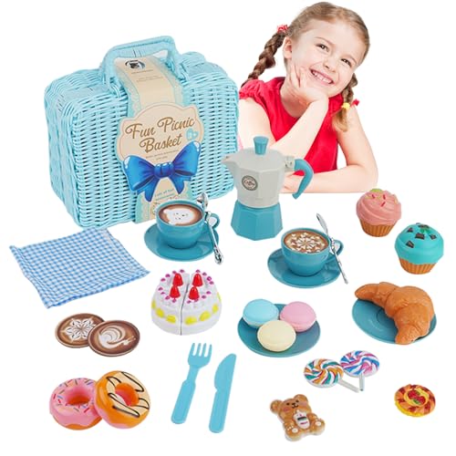 Picknickkorb Kinder,Picknick Kinder Set mit Decke, Schneidbarer Kuchen,Spielzeug Tragekoffer,Dessert,Kaffeemaschine Spielzeug，Matschküche Kinder Outdoor,Kinderküche Zubehör 3 4 5 Jahre(Blau) von Forroby