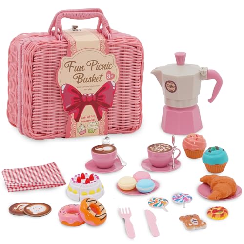 Picknickkorb Kinder,Picknick Kinder Set mit Decke, Schneidbarer Kuchen,Spielzeug Tragekoffer,Dessert,Kaffeemaschine Spielzeug，Matschküche Kinder Outdoor,Kinderküche Zubehör 3 4 5 Jahre(Rosa) von Forroby