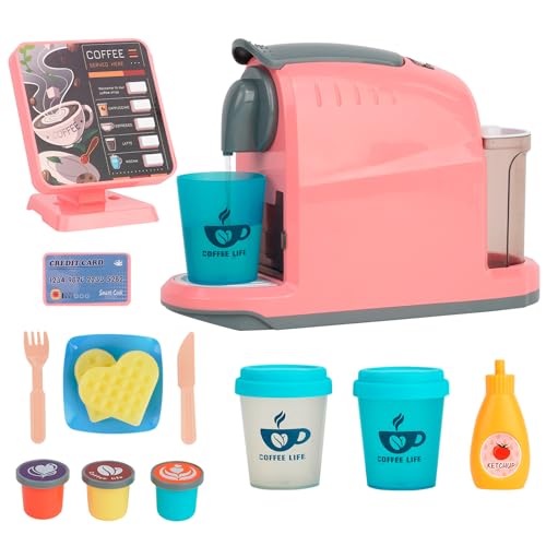 Spielzeug Kasse & Kaffeemaschine Kinder,Kaufladen Zubehör/Küchenzubehör Set,Kindergeschirr Spielküche,Kaffeemaschine Spielzeug,Küchenspielzeug Kaffeeservice für Mädchen und Jungen ab 3 Jahre (Rosa) von Forroby