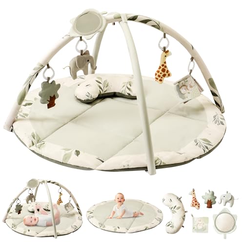 Fortella Spielbogen Baby, Spielmatte mit Bauchzeit Kissen und 5 Sensorik Spielzeug Abnehmbarem,Naturthemen Krabbeldecke für Babys ab der Geburt, Neugeborene & Kinder, 0-6-9-12 Monate-Salbeigrün von Fortella