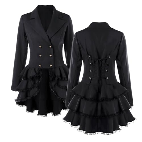 Fortunezone Mittelalterliches Kleid Damen Gothic Mantel Schwarz Barock Jacke Viktorianischen Kostüm Blazerkleider von Fortunezone