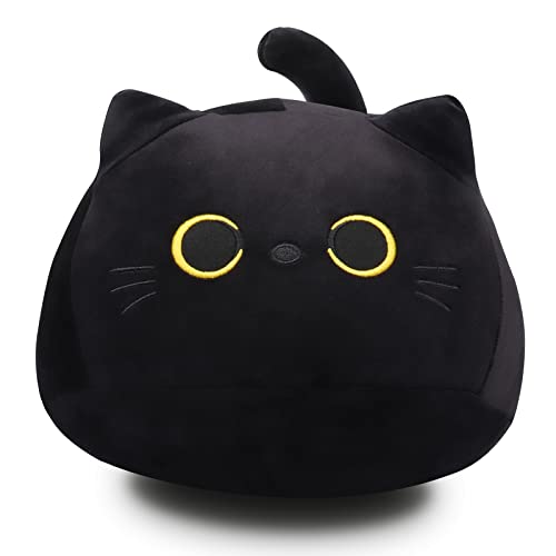 Fortuning's JDS 3D Schwarz Katze Kuscheltier Flauschiges Stofftier Kawaii Katze Plüschtier Ausgestopftes Tier Plüschkissen Spielzeug Geschenk gefüllt für Kinder, Katzen Stofftier Umarmungs-Kissen von Fortuning's JDS