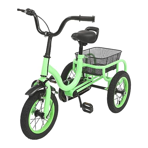 12 Zoll Dreirad mit Korb, Hellgrünes 3 Räder Kinderfahrrad Single Speed Tricycle Dreirad für Kinder Mädchen und Jungen von FortyFor