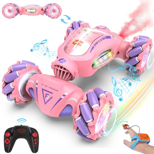 Fosgoit Ferngesteuertes Auto Geschenk Mädchen Kinder 6 7 8 9 10 Jahre, 1:18 RC Auto mit Sprüher LED-Licht 360 Stunt Auto, Ferngesteuertes Auto mit Handsteuerung 2.4Ghz 4WD RC Auto Car Spielzeug Rosa von Fosgoit