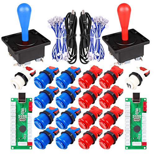 Fosiya 2 Spieler Arcade Game DIY Kits Ellipse Oval Happ Joystick Griff + 18x American Style Arcade Taster (Include 1P / 2P Start-Tasten) (Rot & Blau) von Fosiya