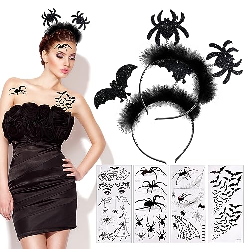 Fosoloni Halloween Haarreifen Spinnen, 2 Stück Halloween Haarreif, Halloween Fledermaus Haarreif mit 4 Tattoo Aufkleber, Kostüm Accessoire für Halloween Karneval Fasching verkleiden sich von Fosoloni