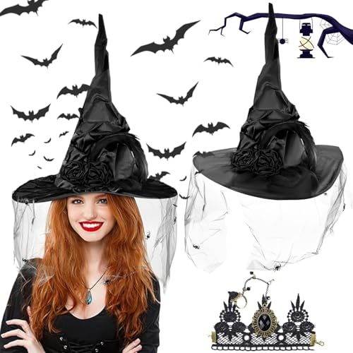 Fosoloni Hexenhut Damen,Witch Hat und Gotisch Armbänder,Hexenhut Haarreif mit Spinne,Retro Spitze Vampir Armband,2 Stück Hängende Hexenhut Dekoration,für Halloween, Karneval,Cosplay und Maskerade von Fosoloni