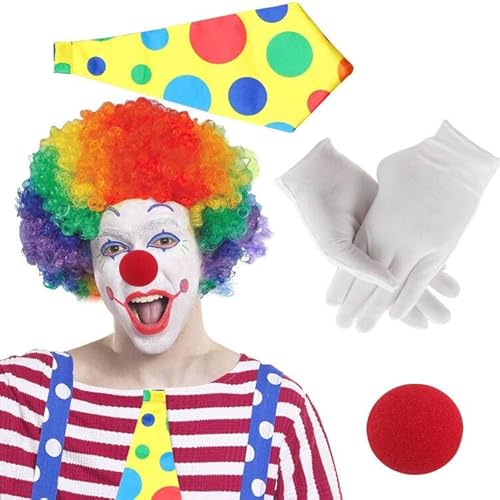 Fosoloni 5 Stück Clown Kostüm Accessoire, Clown kostüm herren, Clown Lockenperücke Clown Nase Weiß Handschuhe Bunte Krawatte, Clown Kostümzubehör für Arty Event, Karnevals Kostüm Cosplay von Fosoloni