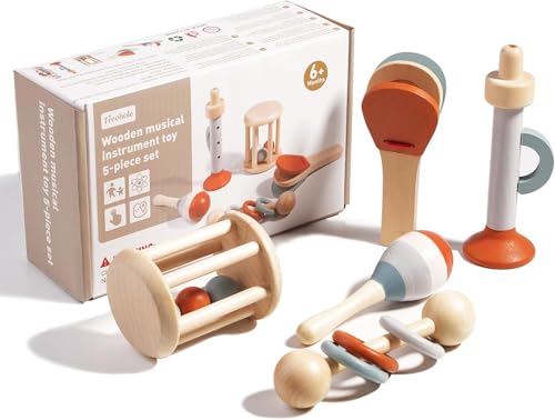 Fosoloni Baby Musikinstrumente Set,5 Stück Holzspielzeug Baby,Smontessori Holzspielzeug,mit Maracas,Trompete, Kastagnetten, Musikspielzeug,Baby Musikspielzeug,Musikinstrumente für Kinder Ab 1 Jahr von Fosoloni