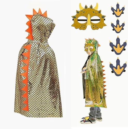 Fosoloni Dino Umhang Kinder, Dinosaurier Kostüm Kinder, Karneval Cosplay Dinosaurier Umhang mit Mask, kostüm dino kinder für Halloween Maskerade Familienfeier Halloween Kostüm Kapuze Umhang (Gold) von Fosoloni