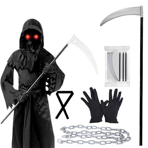 Fosoloni Halloween Sensenmann Kostüm für Kinder Jungen,Kinder Sensenmann Kostüm Set mit Leuchtenden Augen,Handschuhen,Umhang mit Kapuze und Metallkette,für Ihre Halloween-Party,Cosplay,Maskerade von Fosoloni