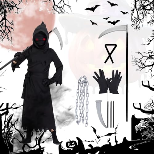 Fosoloni Halloween Sensenmann Kostüm für Kinder Jungen,Kinder Sensenmann Kostüm Set mit Leuchtenden Augen,Handschuhen,Umhang mit Kapuze und Metallkette,für Ihre Halloween-Party,Cosplay,Maskerade von Fosoloni