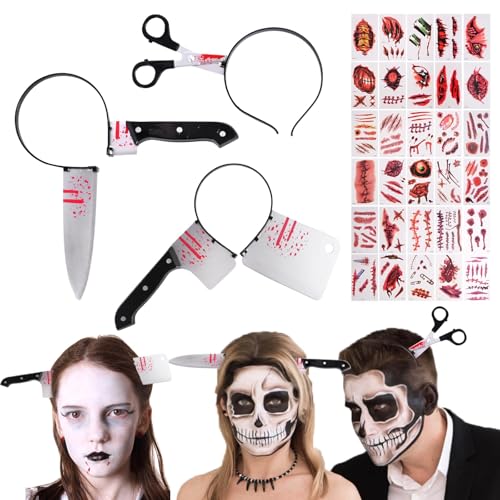 Fosoloni 4 Stück Halloween Accessoires, Machete Headband Halloween Scissors Sheath, Halloween Pranks Scary Headband für Erwachsene Damen Scary Headband Halloween von Fosoloni