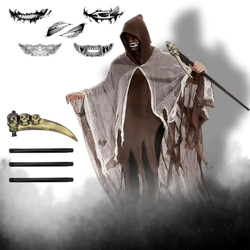 Fosoloni Sensenmann Kostüm, Totenkopf Maske Set mit Sensemann Umhang, Halloween Sense und Tattoo, Halloween Umhang mit Kapuze für Cosplay Halloween Party Totenkopf Kopfbedeckung von Fosoloni