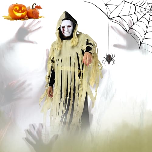 Fosoloni Zombie Kostüm Herren,Halloween Kostüm Herren Zombie,Gruseliges Ghul Kostüm mit Kapuze,Dark Sensenmann Geisterkostüm für Horror Halloween Karneval Mottoparty von Fosoloni