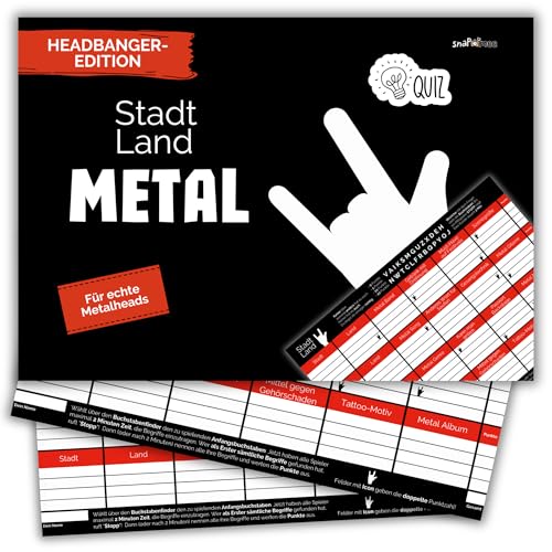 Stadt Land Fluss Metal Edition by snaPmee - Spiel + Geschenk für Heavy Metal Fans - Das Metalhead-Quiz - 50 Blatt Din-A4 von Fotospiel