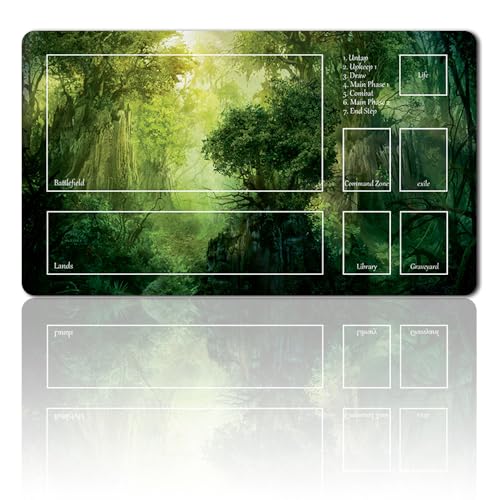 Four Leaves MTG Spielmatte + Kostenlose wasserdichte Tasche, TCG Card Game Table Mat Größe 60x35cm, Zone-Green-Mana-Forest-with Zone, Für alle Altersgruppen, Enthält wasserdichte Tasche von Four leaves