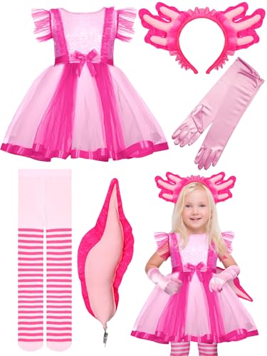 Fourluoo Axolotl-Kostüm für Mädchen, rosa Tutu-Rock, Halloween, Cosplay-Set für Kinder, Halloween, Cosplay, Party, Alter 5–6 Jahre, 5 Stück von Fourluoo