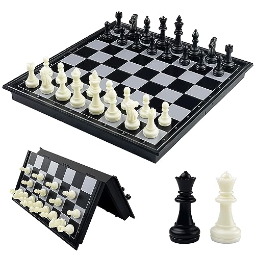 Fousenuk Schachbrett Magnetisch, Einklappbar Schachspiel Hochwertig, Reiseschach Figuren, Chess Board, Schachset, Schachfiguren für Kinder und Erwachsene 25 × 25 cm Schwarz/Weiß von Fousenuk