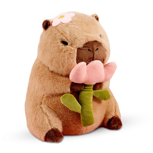 Fouvin Capybara Plüschtier, Capybara Plüsch Kuscheltier mit Brot Stofftier, Kawaii Capybara Plüsch Kissen Spielzeug Wasserschwein Wurfkissen Geschenk für Kinder Jungen Mädchen 5+ Jahre (Blumen) von Fouvin