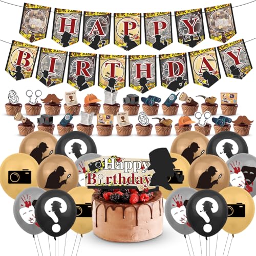 Fouvin Detektiv Geburtstag Deko, Dedektivparty Geburtstag 32 Stück, Krimidinner Deko Detektiv Geburtstag Zubehör Birthday Banner Kuchen Topper Cupcake Toppers Ballons für 1920er Jahre von Fouvin