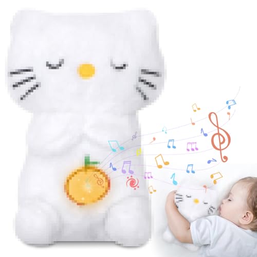 Fouvin Plüsch Katze Weiß, Atembewegung Und Musik Mit, Elektronische Plüschtier Katze mit Beruhigenden Klängen, Baby Musikalisches Spielzeug Kinder Geschenk von Fouvin