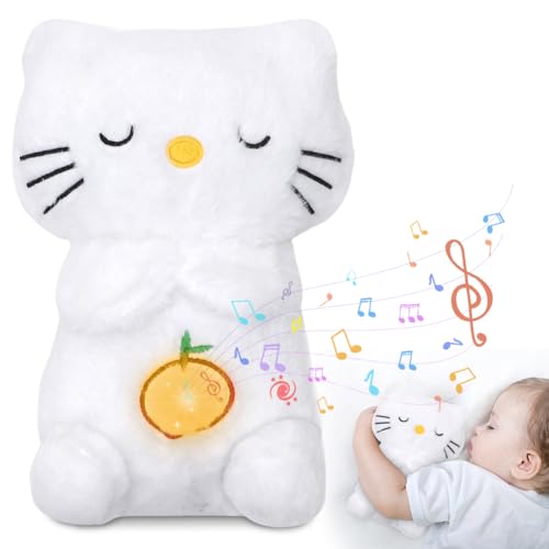 Fouvin Schlummer Otter mit Herzschlag, Schlummer Plüschtier Katze Weiß 28cm, Atembewegung Und Musik Mit Licht, Baby Einschlafhilfen Spielzeug Kinder Geschenk von Fouvin