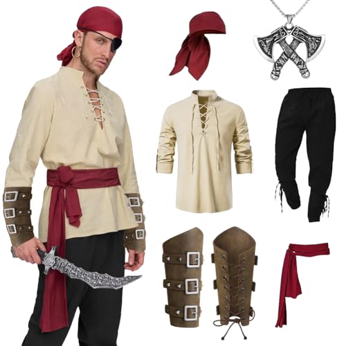 Mittelalter Kleidung Herren Set, Piratenhemd Herren Set Herren Renaissance Kostüm Set mit Herren Mittelalterliches Piratenhemd, Mittelalter Hose mit Knöchelriemen, Gürtel, Handgelenkschützer (L) von Fouvin