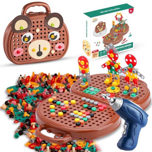 Magic Montessori Play Toolbox, Montessori Spielzeugkiste Mit Bohrmaschine Montessori Spielzeug ab 3 Jahre, 3D Puzzle Mosaik Toy Creativity Tool Box with Drill für Kinder von 3-12 Jahren, Bär von Fouvin